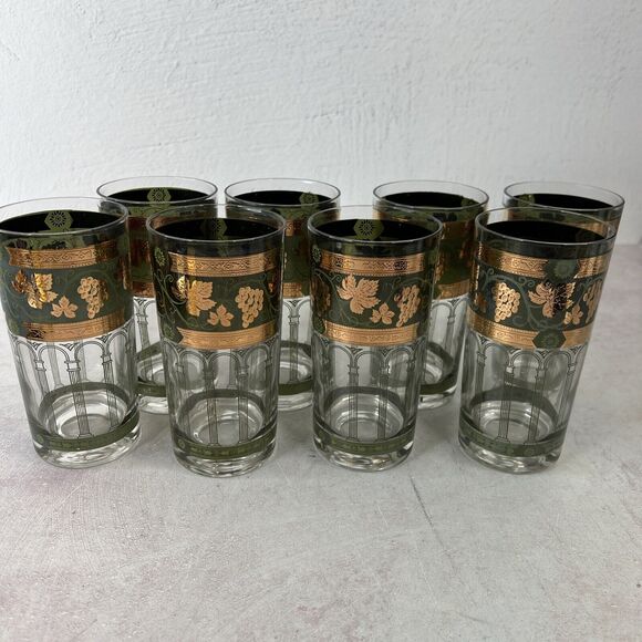 8 Cera‎ Golden Grapes Green Tall Highball Tumblers Vintage MCM Glasses - Picture 1 of 9